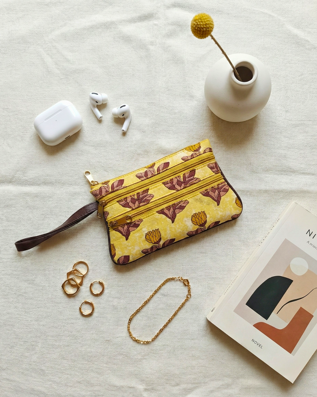 Multi Zipper Mobile Pouch For Women - Yellow Flower