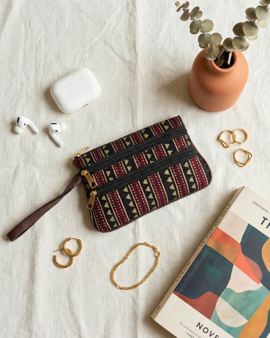 Multi Zipper Mobile Pouch For Women - Black Strips