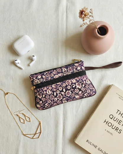 Multi Zipper Mobile Pouch For Women - Black Kalamkari