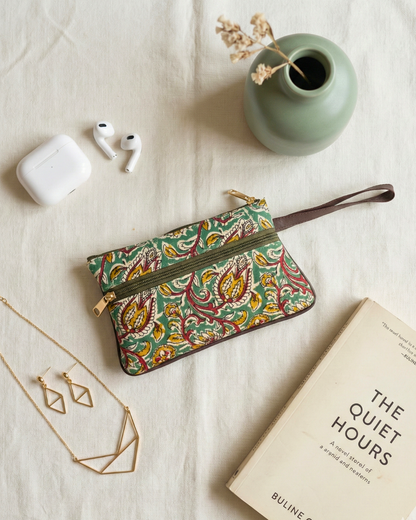 Multi Zipper Mobile Pouch For Women - Green Kalamakri