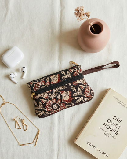 Multi Zipper Mobile Pouch For Women - Black Floral