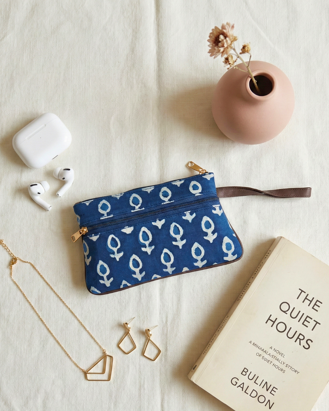 Multi Zipper Mobile Pouch For Women - Blue Block Print