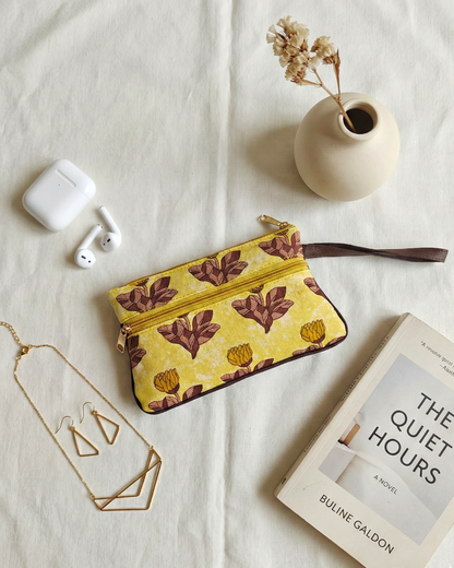 Multi Zipper Mobile Pouch For Women - Yellow Flower