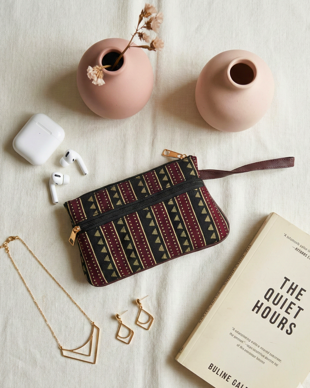 Multi Zipper Mobile Pouch For Women - Black Strips