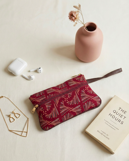 Multi Zipper Mobile Pouch For Women - Red Kalamkari