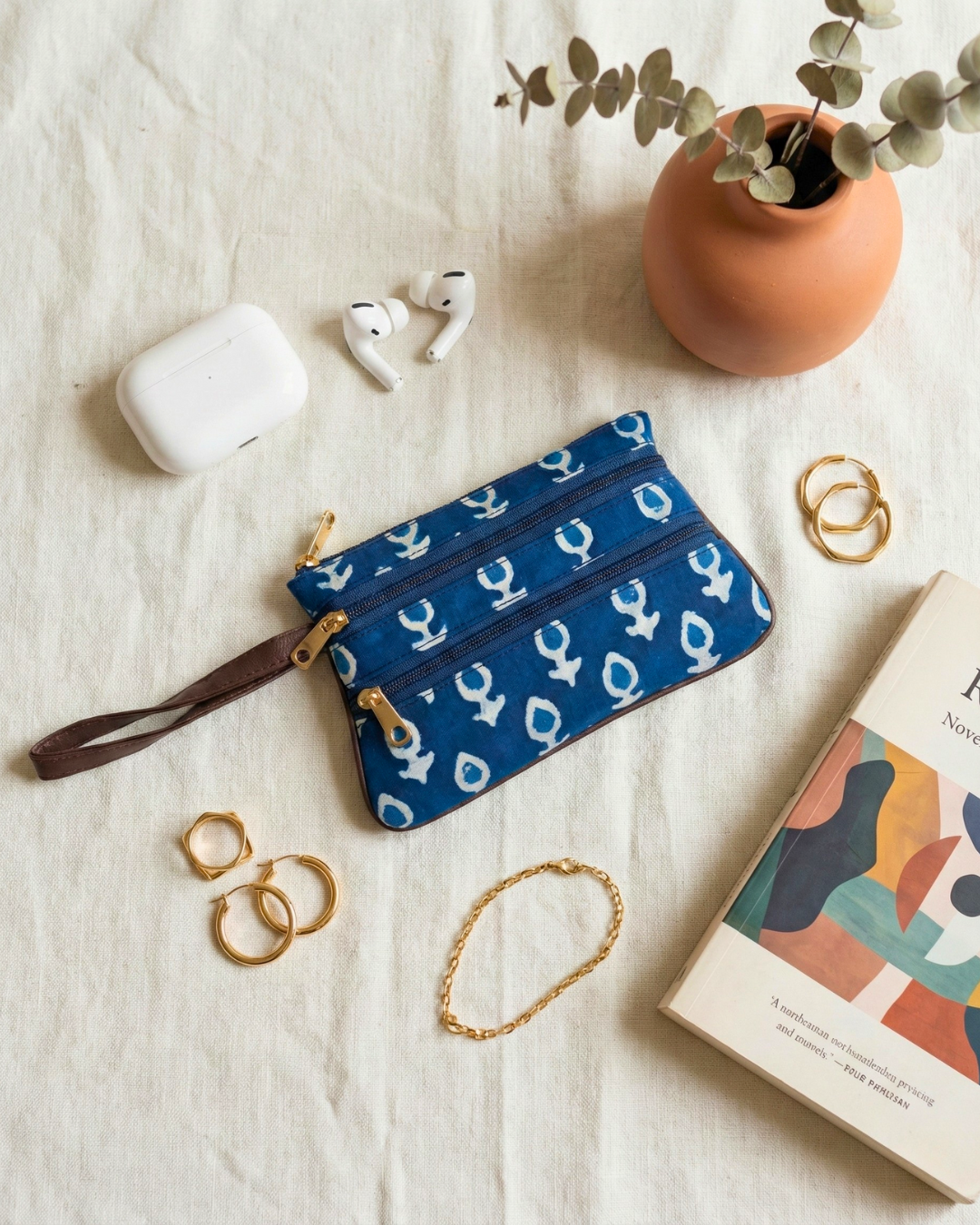 Multi Zipper Mobile Pouch For Women - Blue Block Print