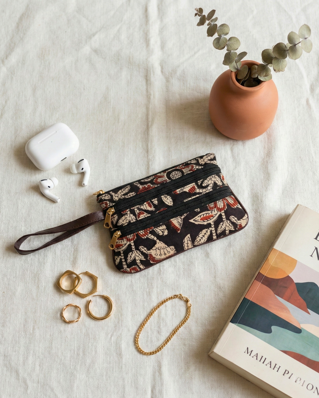 Multi Zipper Mobile Pouch For Women - Black Floral