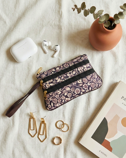 Multi Zipper Mobile Pouch For Women - Black Kalamkari