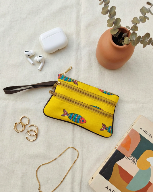 Multi Zipper Mobile Pouch For Women - Yellow