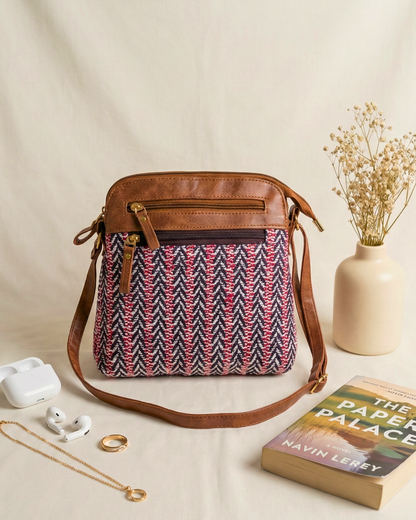 Jacquard Multi-zipper Sling Bag For Women - Light Blue Weave