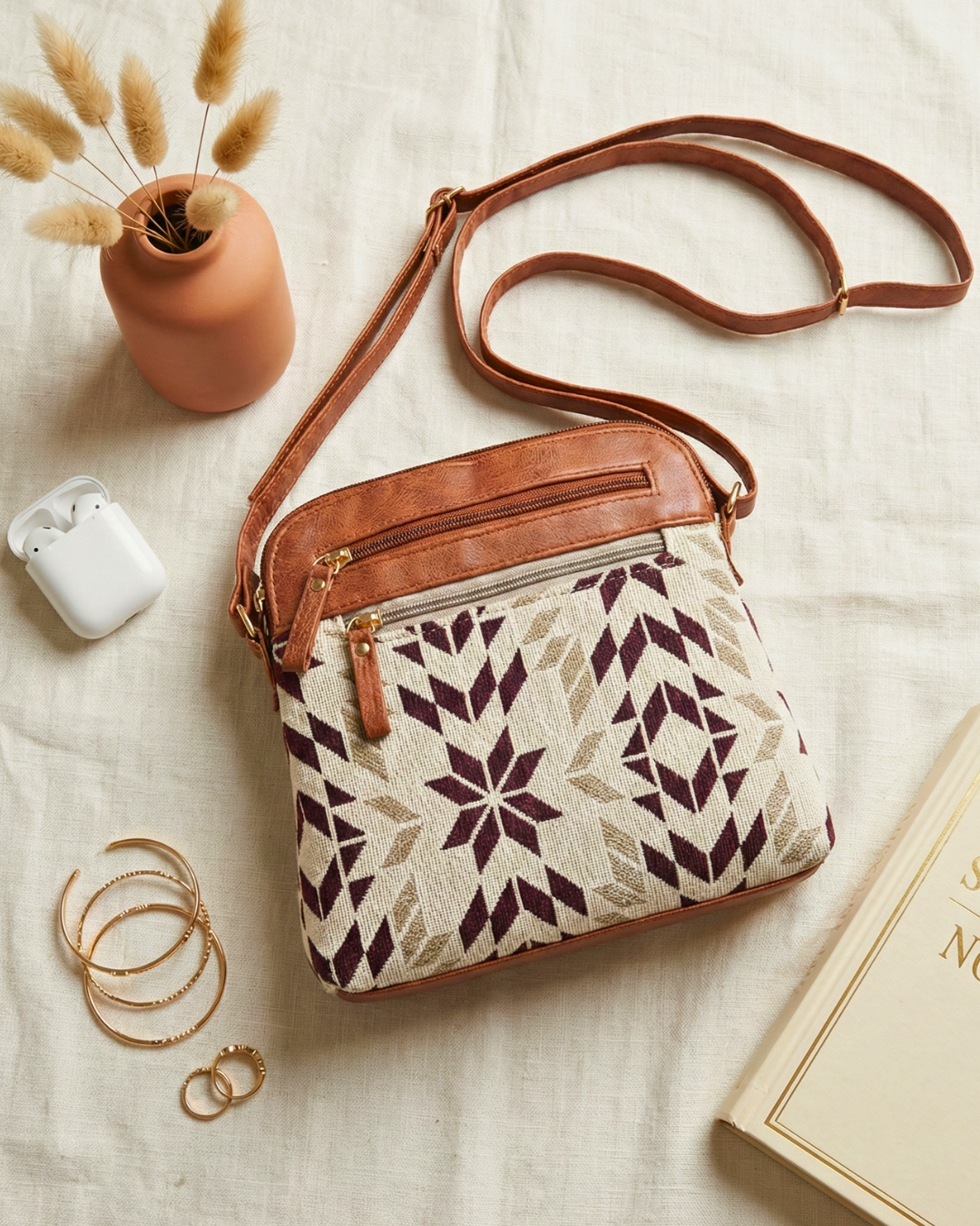 Jacquard Multi-zipper Sling Bag For Women - Ofwhite Weave