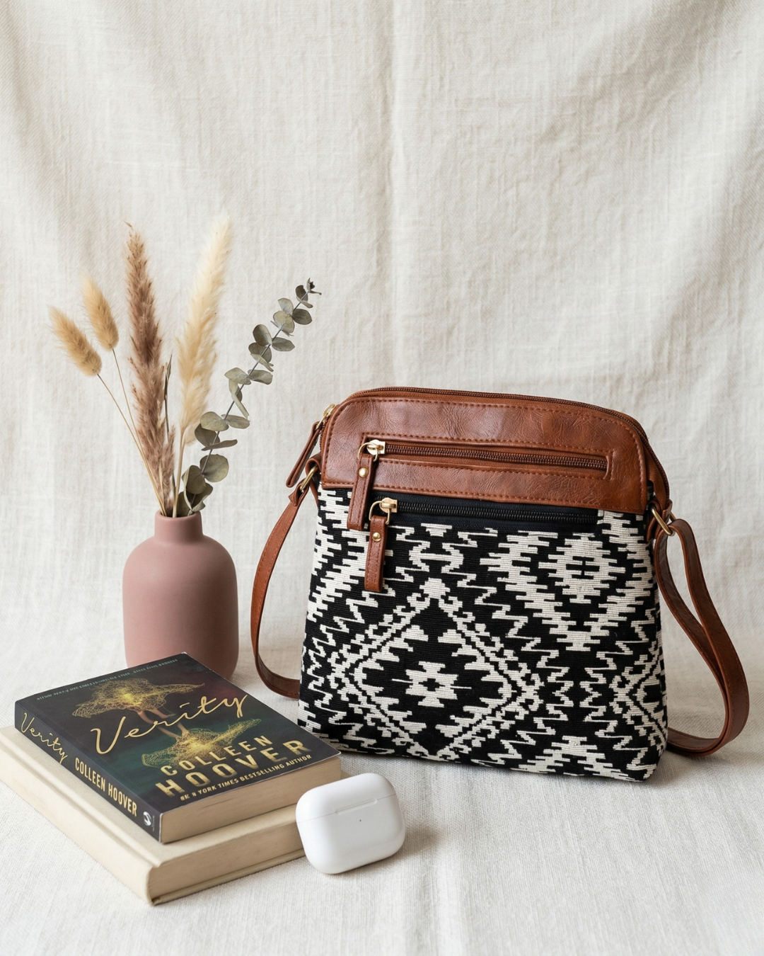 Jacquard Multi-zipper Sling Bag For Women - Black Tribal Weave - Surovi Bags