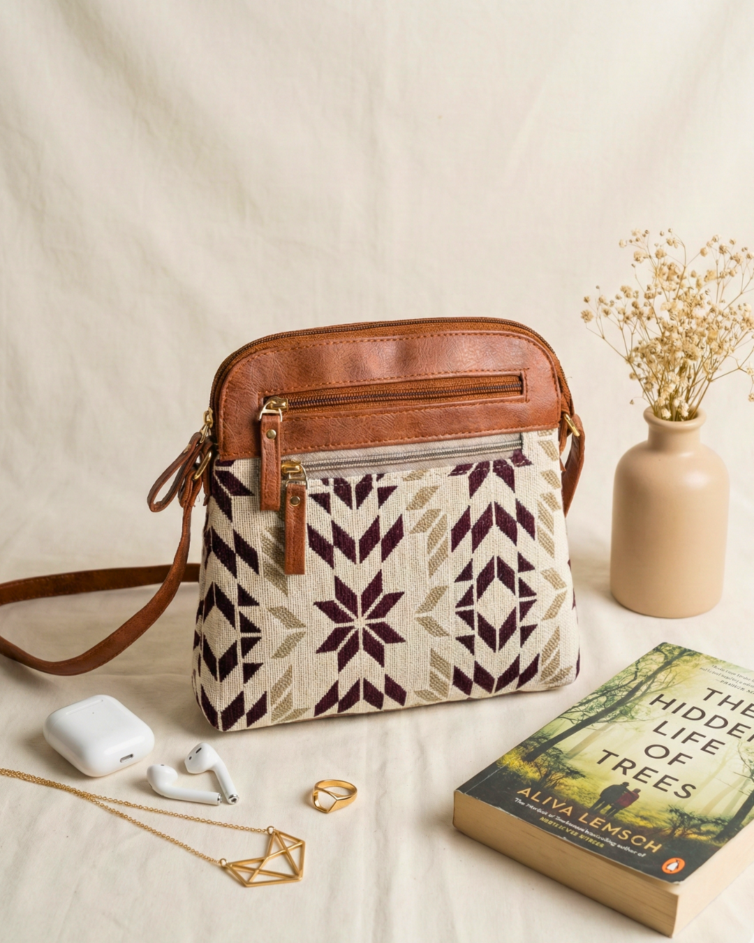 Jacquard Multi-zipper Sling Bag For Women - Ofwhite Weave