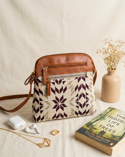 Jacquard Multi-zipper Sling Bag For Women - Ofwhite Weave