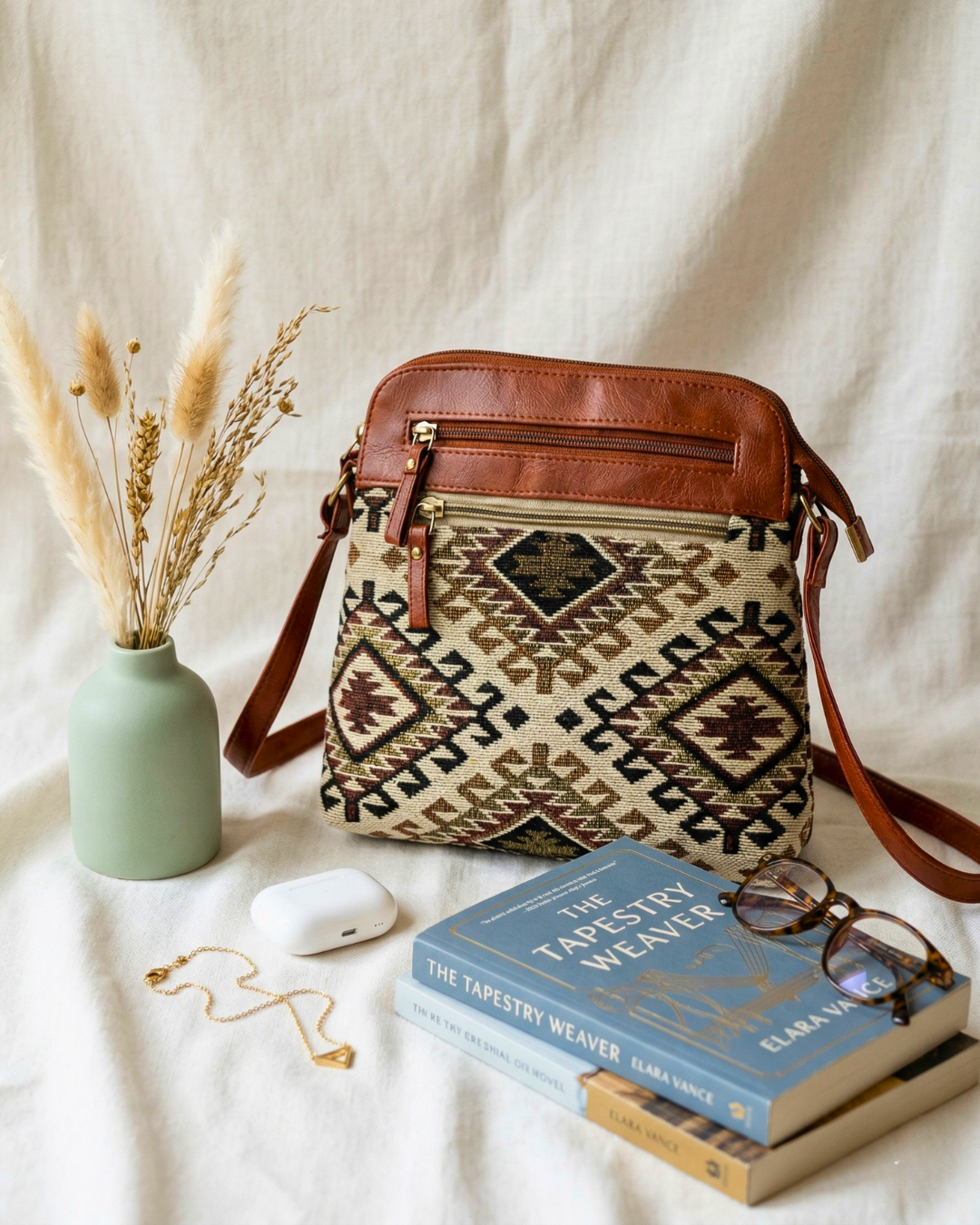 Jacquard Multi-zipper Sling Bag For Women - Ofwhite Weave - Surovi Bags