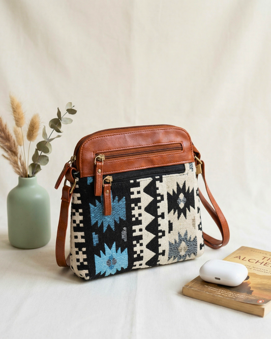 Jacquard Multi-zipper Sling Bag For Women - Blue Weave