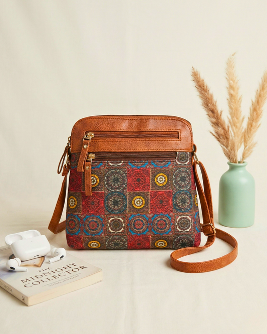 Jute Multi-zipper Sling Bag For Women - Mandala