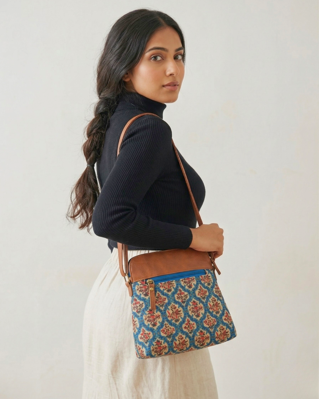 Jute Multi-zipper Sling Bag For Women - Blue Motif - Surovi Bags