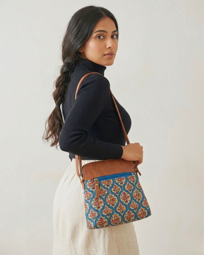 Jute Multi-zipper Sling Bag For Women - Blue Motif - Surovi Bags