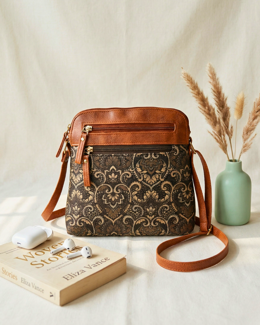 Jute Multi-zipper Sling Bag For Women - Golden