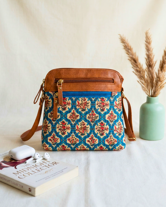 Jute Multi-zipper Sling Bag For Women - Blue Motif