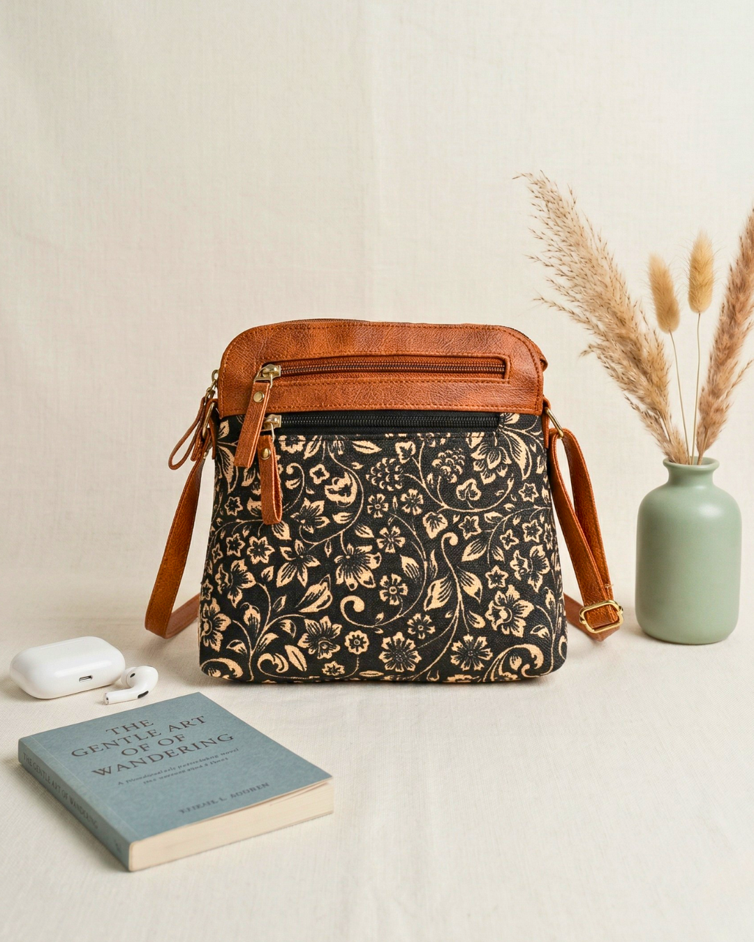 Jute Multi-zipper Sling Bag For Women - Kalamkari - Surovi Bags