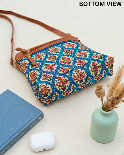 Jute Multi-zipper Sling Bag For Women - Red Flower - Surovi Bags