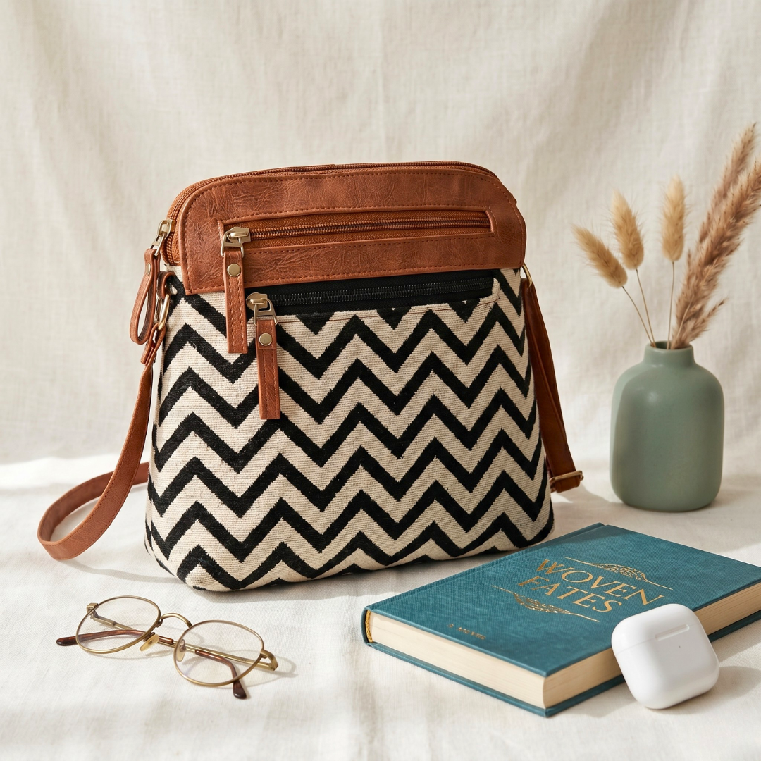 Jacquard Multi-zipper Sling Bag For Women - Monocrome Weave - Surovi Bags
