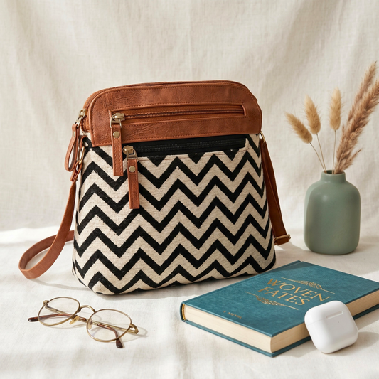 Jacquard Multi-zipper Sling Bag For Women - Monocrome Weave - Surovi Bags