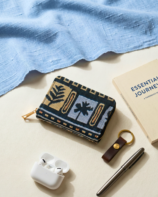 Jacquard Foldable Pocket Wallet For Women - Blue Tribal Weave