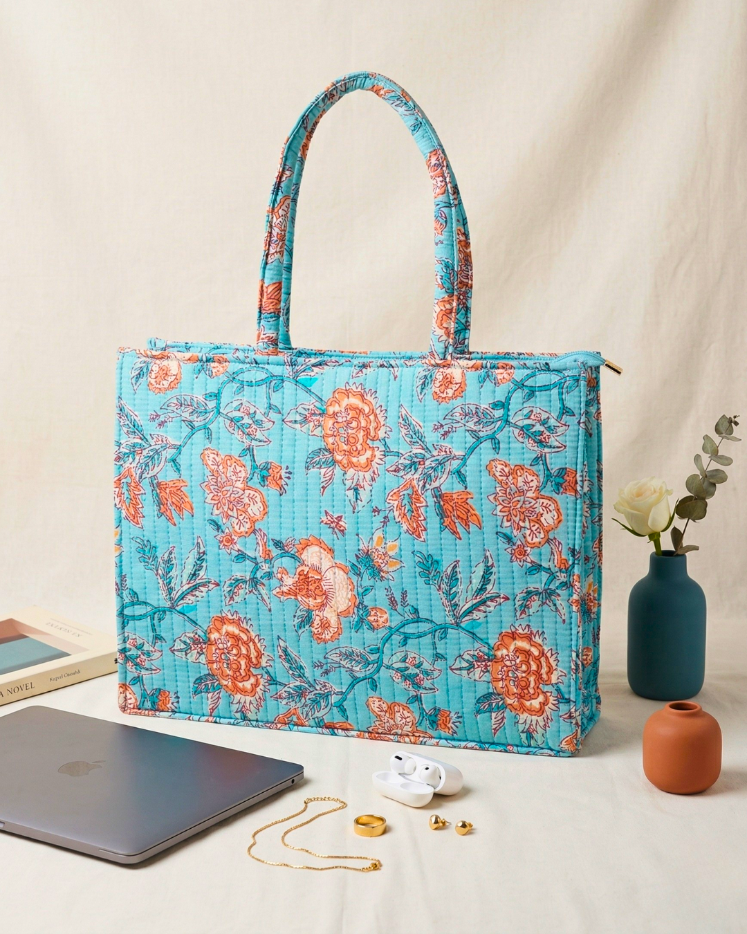 Premium Quilted Box Tote Bag - Kalamkari - Surovi Bags