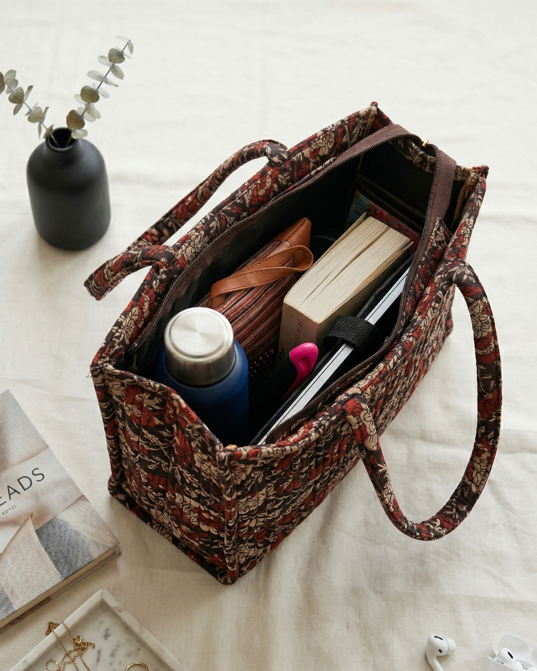Premium Quilted Box Tote Bag - Blue - Surovi Bags