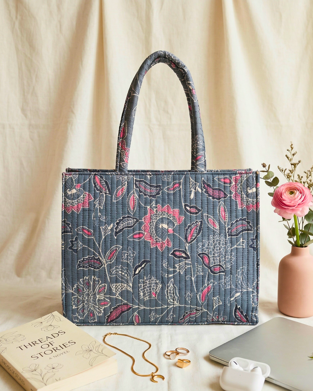 Premium Quilted Box Tote Bag - Grey - Surovi Bags