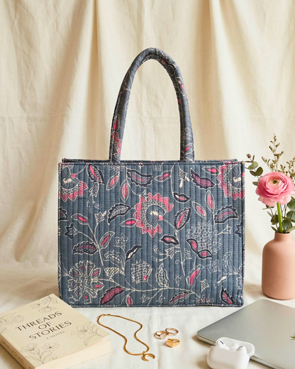 Premium Quilted Box Tote Bag - Grey - Surovi Bags