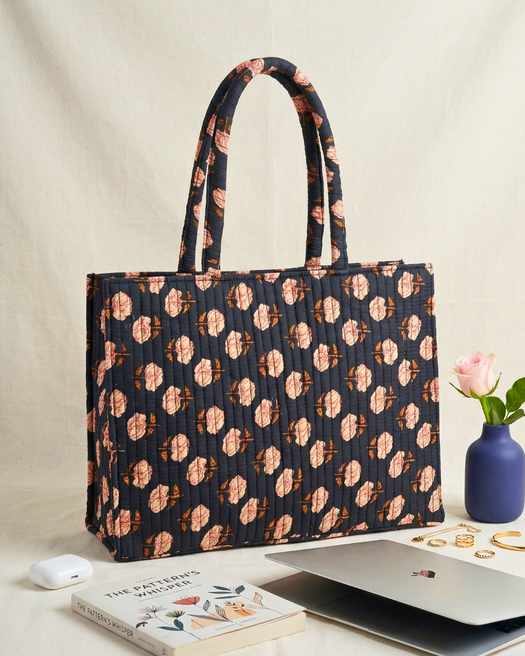 Premium Quilted Box Tote Bag - Black - Surovi Bags
