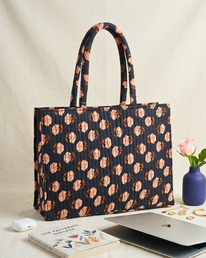 Premium Quilted Box Tote Bag - Black - Surovi Bags