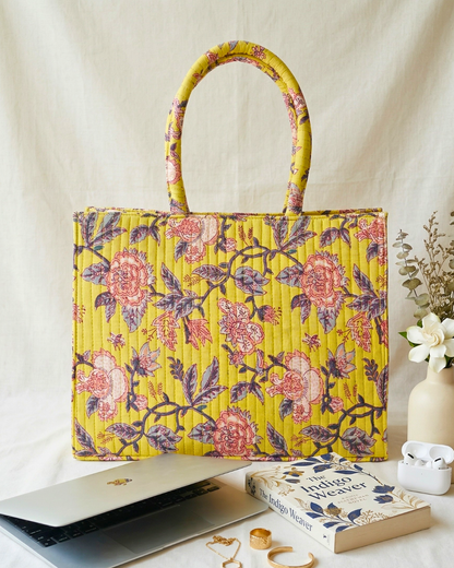Premium Quilted Box Tote Bag - Yellow - Surovi Bags