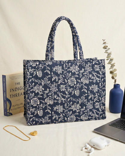 Premium Quilted Box Tote Bag - Black Floral - Surovi Bags