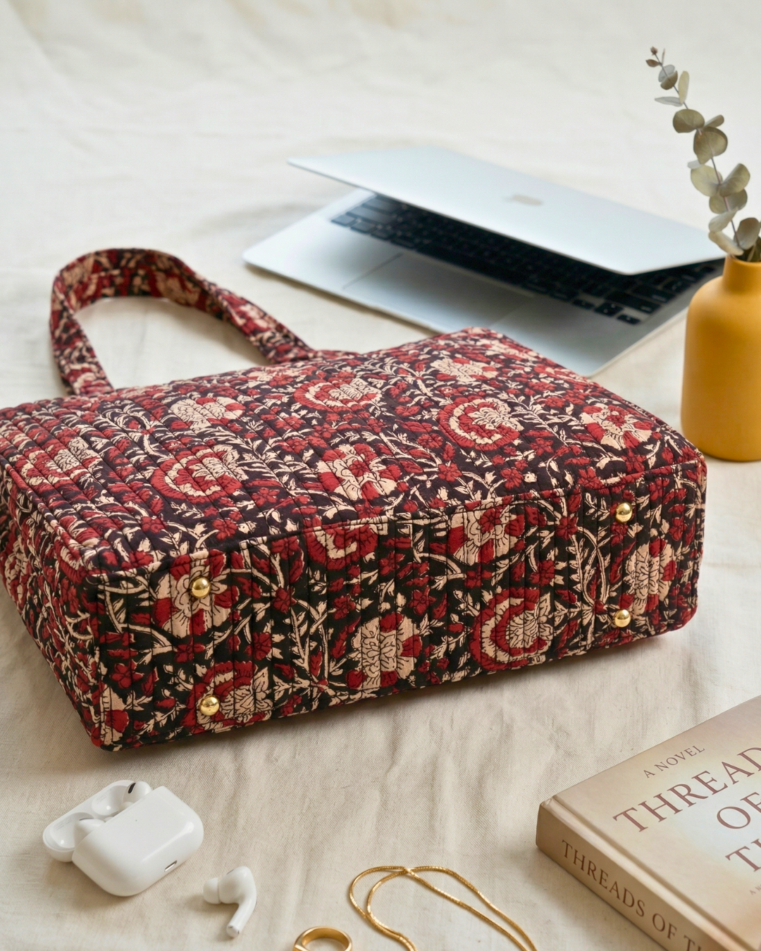 Premium Quilted Box Tote Bag - Blue - Surovi Bags