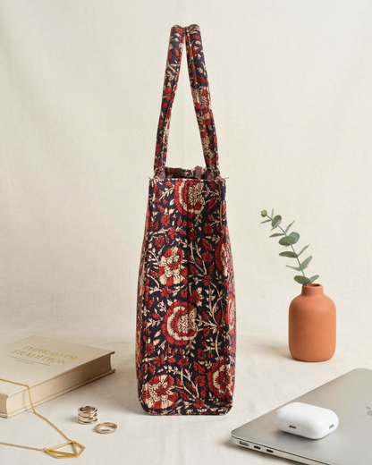 Premium Quilted Box Tote Bag - Blue - Surovi Bags