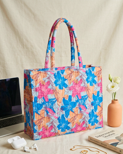 Premium Quilted Box Tote Bag - Blue - Surovi Bags