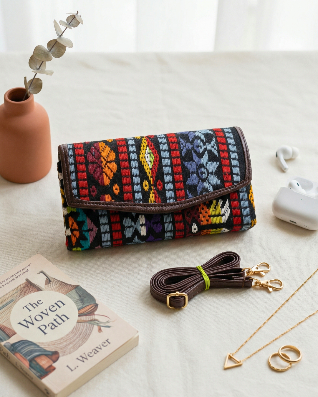 Stylish and Compact Jacquard Sling Wallet - Multi Color Black - Surovi Bags