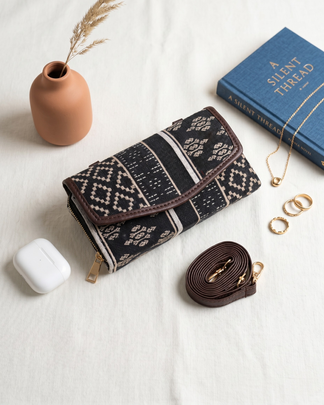 Stylish and Compact Jacquard Sling Wallet - Navy Blue Weave
