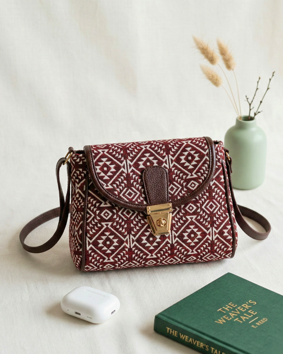 Jacquard Cotton Turn Button Sling Bag - Red Weave - Surovi Bags
