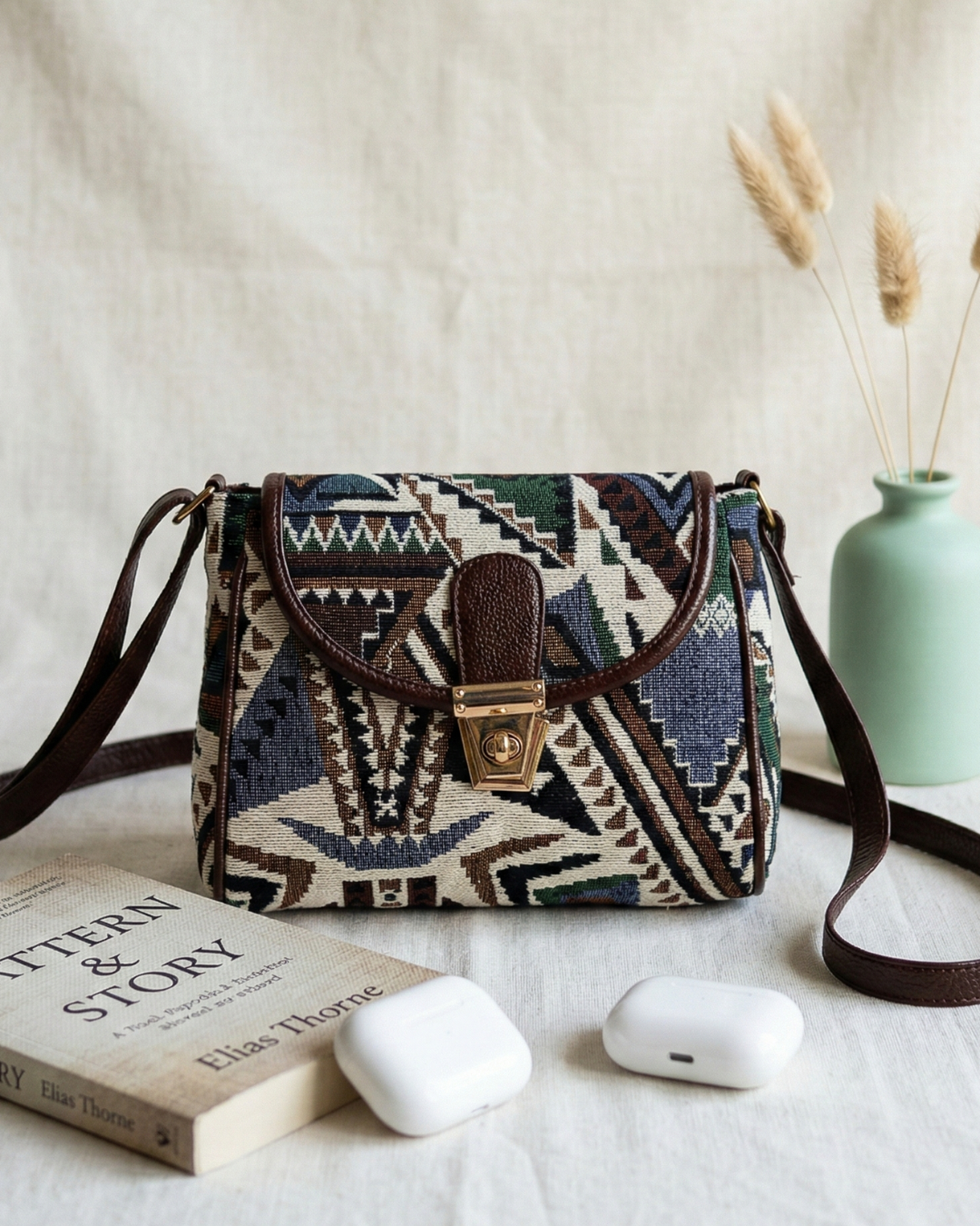 Jacquard Cotton Turn Button Sling Bag - Tribal Weave - Surovi Bags