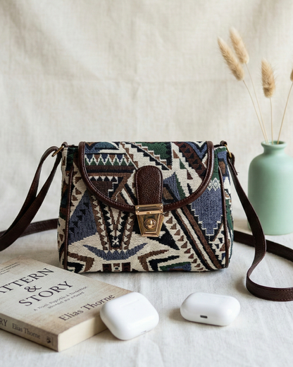 Jacquard Cotton Turn Button Sling Bag - Tribal Weave - Surovi Bags