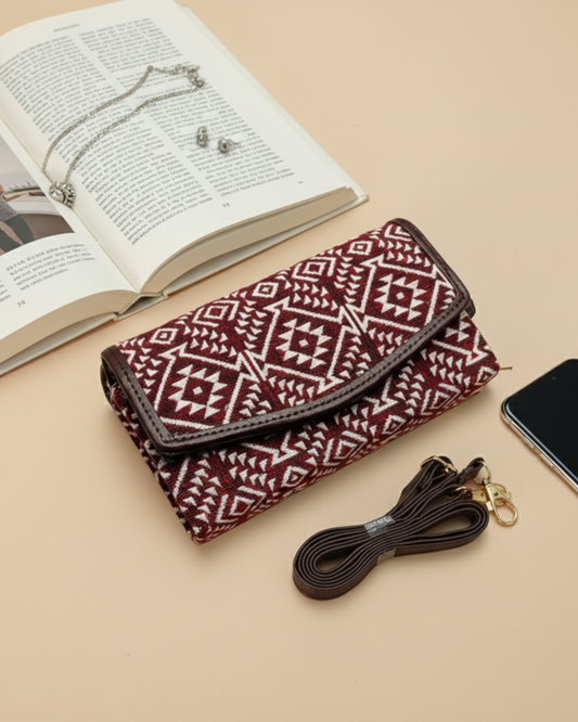 Stylish and Compact Jacquard Sling Wallet - Red Weave