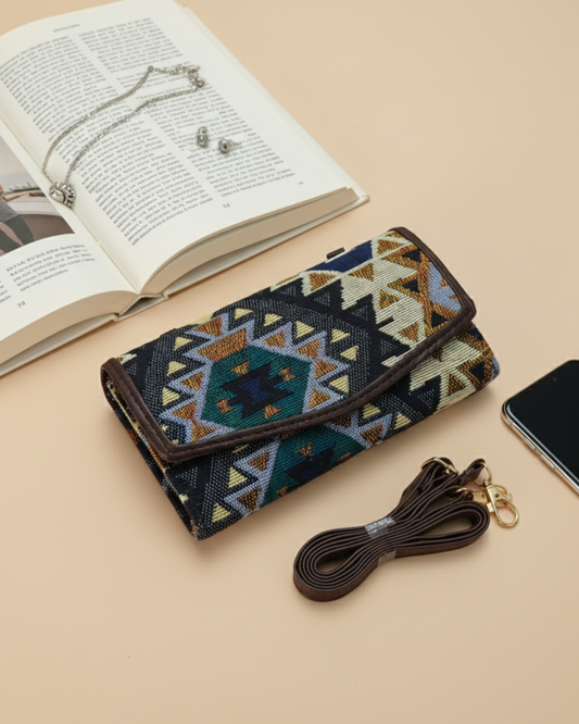 Stylish and Compact Jacquard Sling Wallet - Blue Tribal Weave