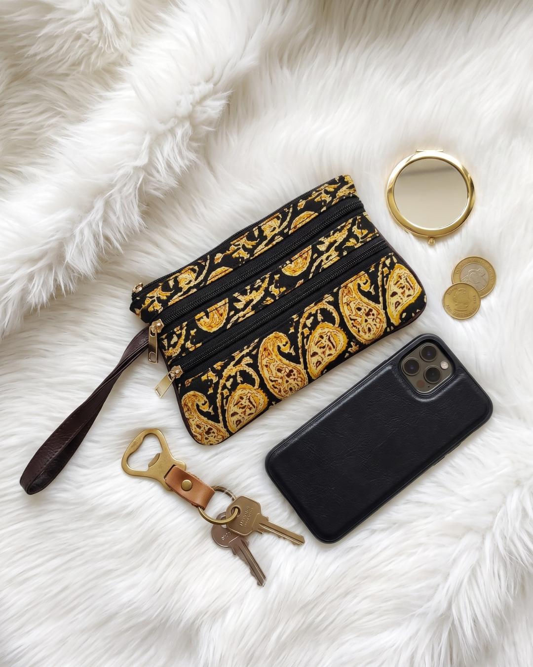 Multi Zipper Mobile Pouch For Women - Black Floral - Surovi Bags