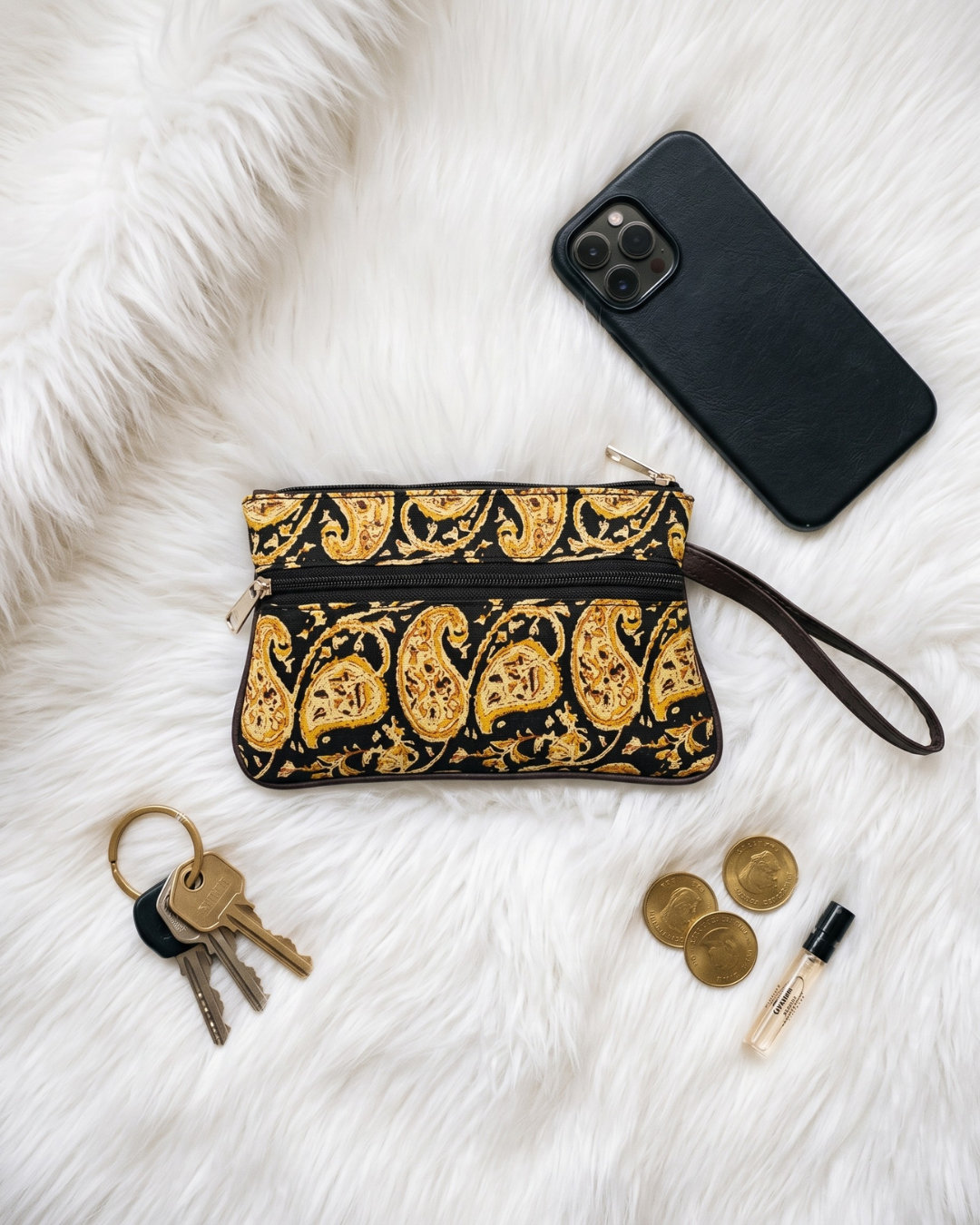 Multi Zipper Mobile Pouch For Women - Black Floral - Surovi Bags